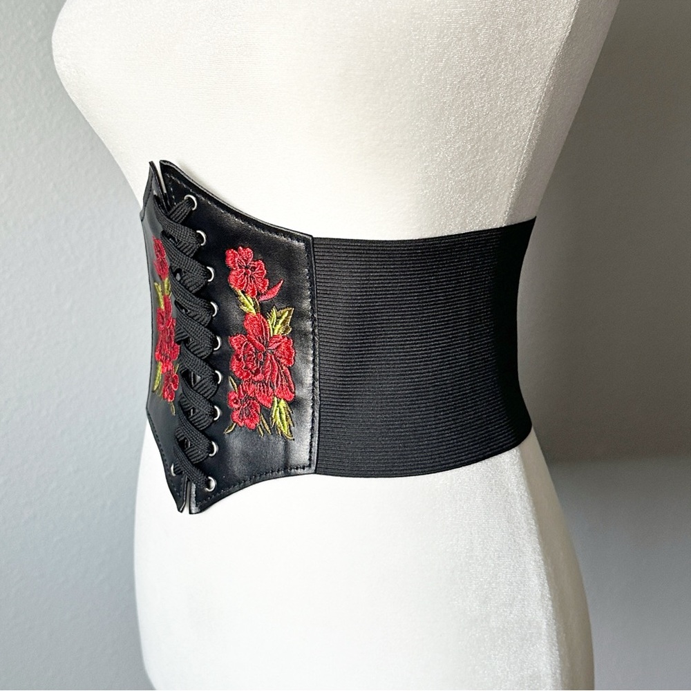 Corset Style Rose Embroidered Black Faux Leather Wide Waist Belt Lace Up Front - Picture 4 of 10
